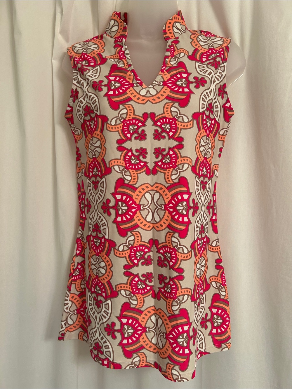 All For Color Beige Tunic Top with Pink & Orange and beige Tile Print